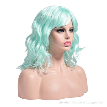 Hot Heat Resistant Ombre Brown Black Brown Pink Light Green Curly Wig For Women Synthetic Short Water Wavy Wigs With Bangs